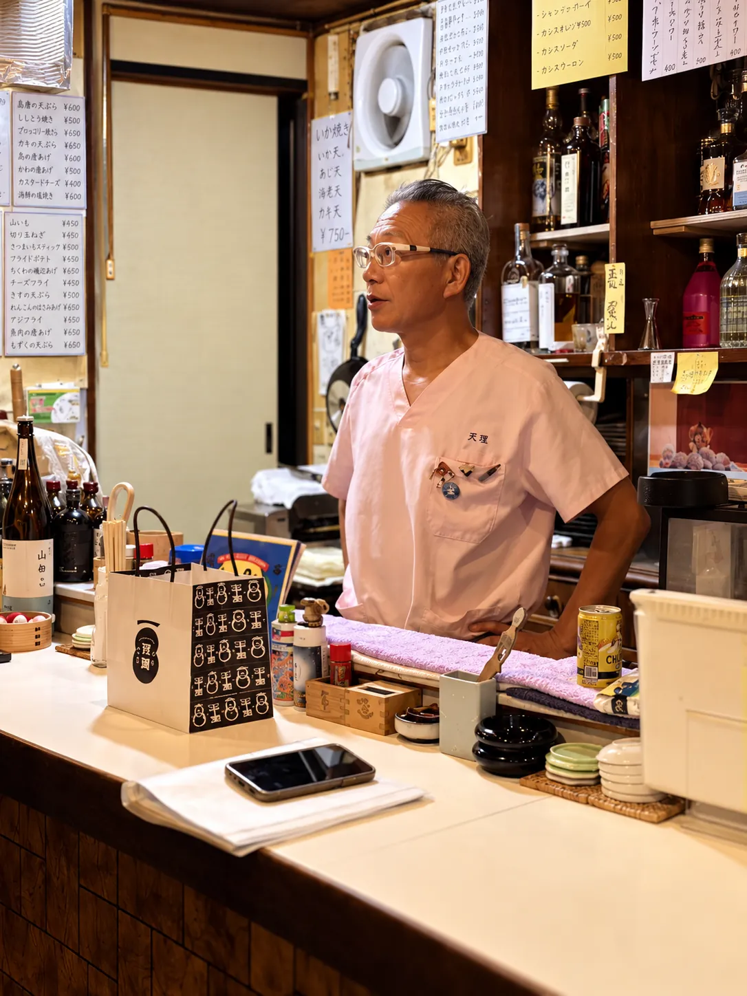 天花のカウンターに立つ店主